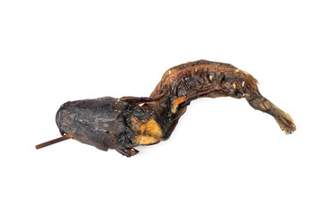 Simple fish menu. Delicious Thai street food that is available everywhere. Grilled catfish with bamboo skewers isolated on white background.