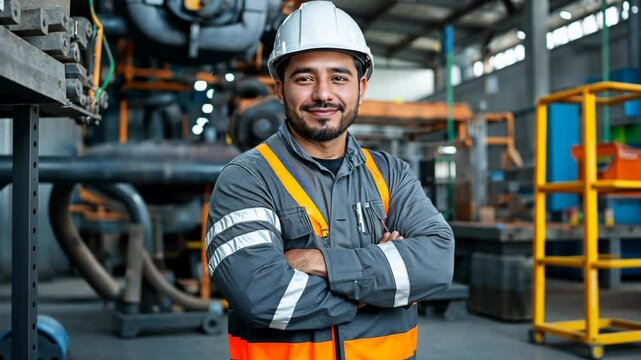 smiling engineer or worker wearing protective cap at construction site
