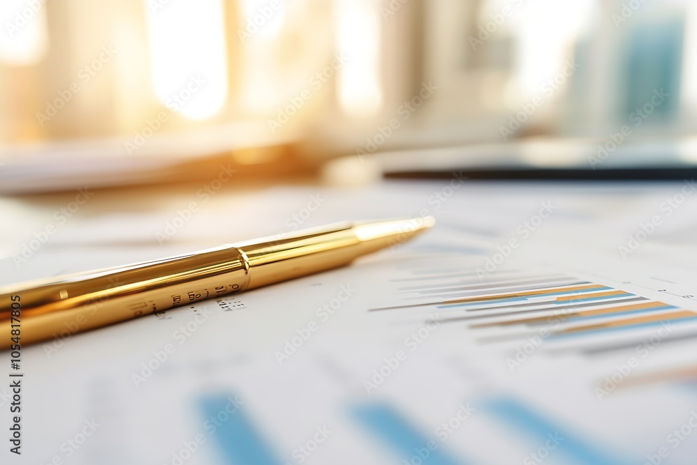 Poster golden pen on business reports with graphs in office setting : generative ai