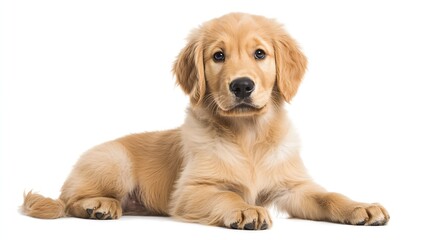 Fototapeta premium Golden Retriever Puppy with Floppy Ears on White Background Looking Innocent and Playful : Generative AI