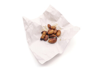 Deep fried insects a very popular snack street food in Thailand. Fried Sago Worm larvae of red palm...