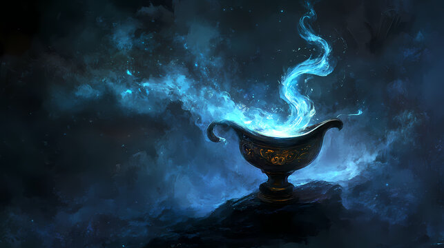 A mystical genie lamp with swirling smoke, evoking the magical and enchanting qualities of folklore. Djinn in a Lamp. Illustration