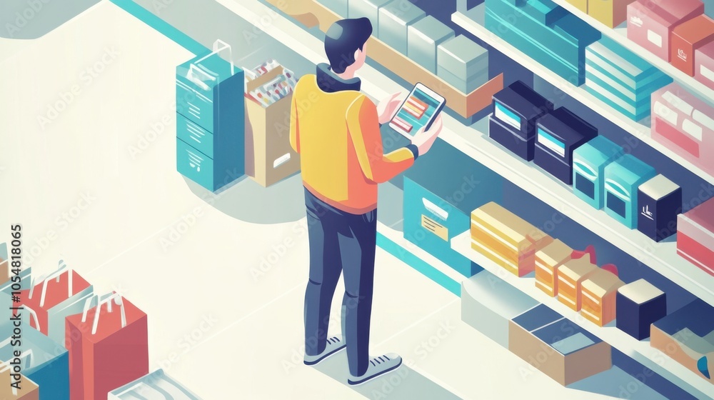 Poster digital shopping experience, showing a user browsing products on a mobile app, adding to cart, flat 