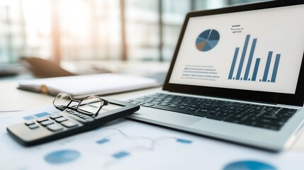 Modern business workspace with laptop charts and glasses in bright office setting : Generative AI