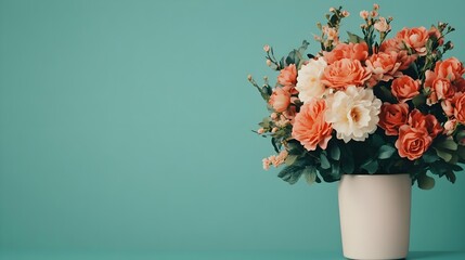 Obraz premium Pink Roses in White Vase on Green Background
