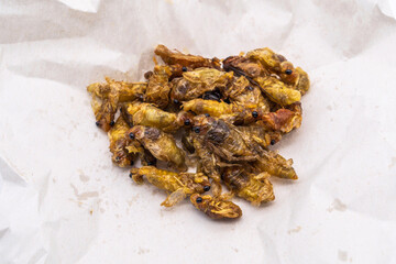 Deep fried insects a very popular snack street food in Thailand. Pile of fried Soft-Shelled Cicadas season with soy sauce and ground pepper on food paper background.