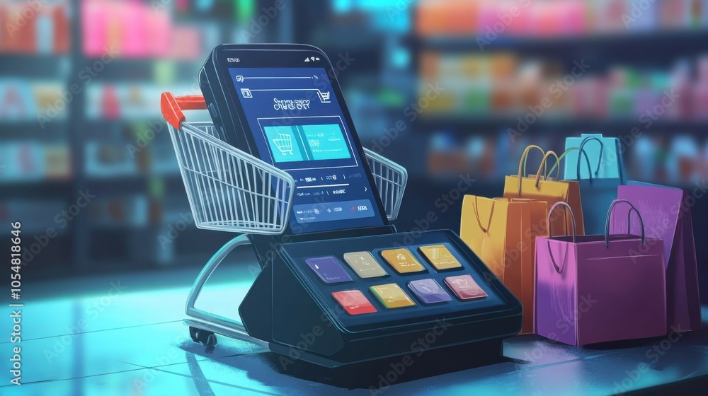 Poster e-commerce checkout vector, showing a phone screen with products in cart and payment options, bright