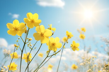 Bright Yellow Wildflowers Under Sunny Sky Capturing Essence of Spring in Full Bloom : Generative AI
