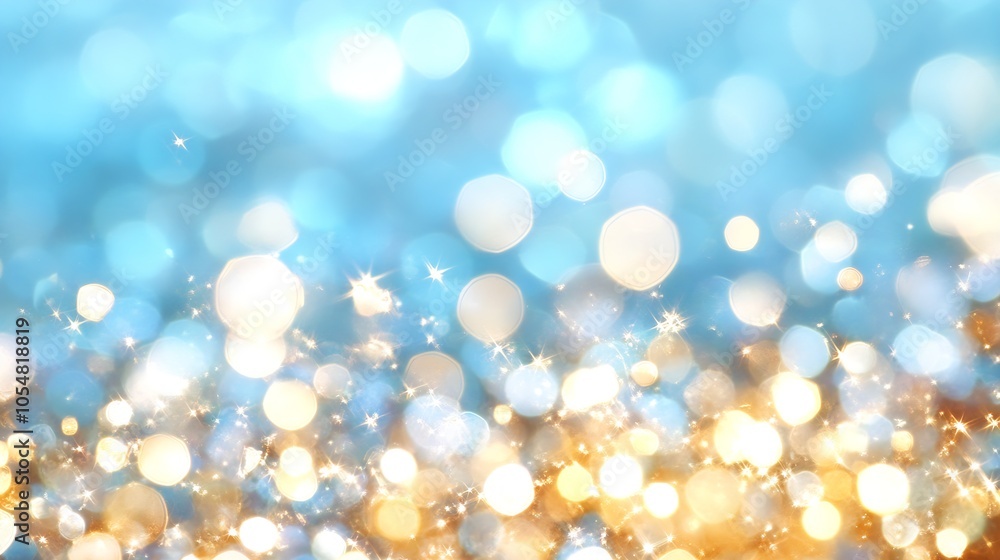 Poster Sparkling Abstract Bokeh Background in Blue and Gold with Shining Lights for Festive Design : Generative AI