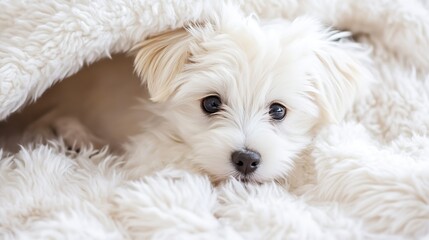 Tiny Puppy Resting in Soft White Blanket Cozy Warm Cute Pet : Generative AI