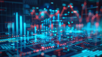 Abstract display of financial data with glowing graphs and charts, symbolizing stock market analysis, data trends, and business analytics