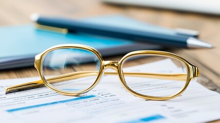 Golden Reading Glasses on Blue Financial Documents for Business Analysis and Finance : Generative AI