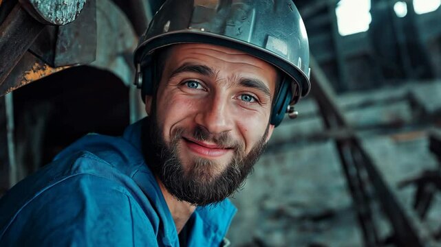 smiling engineer or worker wearing protective cap at construction site