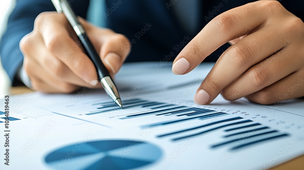 Poster closeup of business professional analyzing financial report with data charts and pen : generative ai