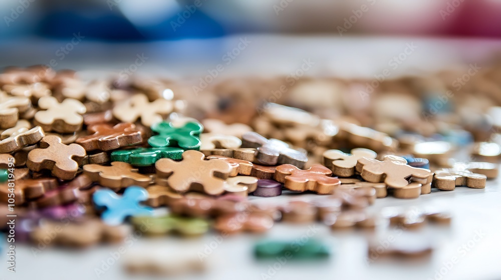Poster scattered colorful jigsaw puzzle pieces on white surface closeup abstract : generative ai