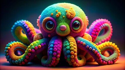 Obraz premium A whimsical, colorful octopus with large, expressive eyes, each tentacle a vibrant swirl of rainbow hues, adorned with rows of iridescent beads.