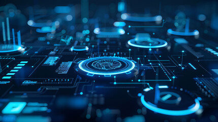 Abstract digital interface displaying futuristic data visualization and technology elements, representing cyber technology, data science, and network connectivity