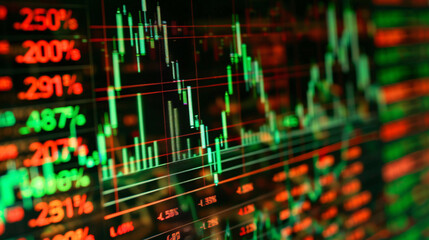 Close-up of a digital stock market display with green and red candlestick charts, representing financial market volatility and price fluctuations
