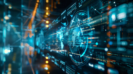 Fototapeta premium Futuristic digital interface with global data displays and analytics, symbolizing international communication, network connectivity, and high-tech information exchange