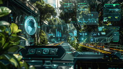 Fototapeta premium High-tech dashboard with holographic data overlays showing environmental and geographical information in a futuristic, green city setting with abundant foliage