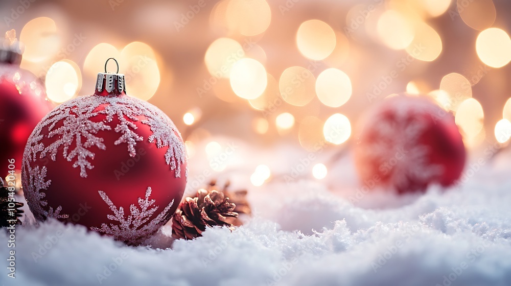 Poster red christmas ornaments on snow illuminated by warm festive lights : generative ai
