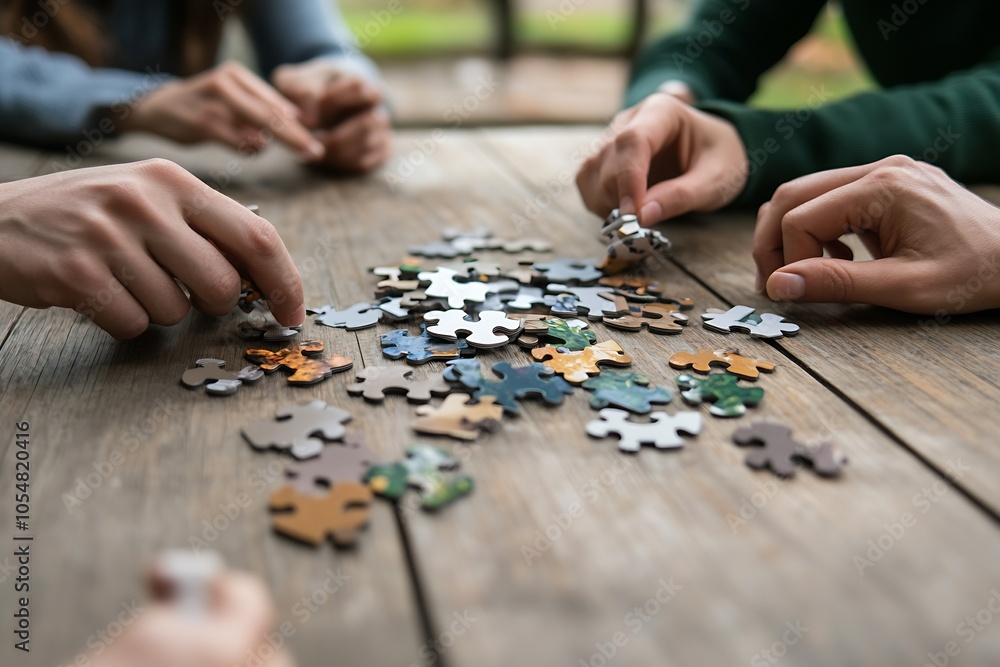 Poster hands assembling puzzle pieces on a wooden table symbolizing teamwork and strategy : generative ai