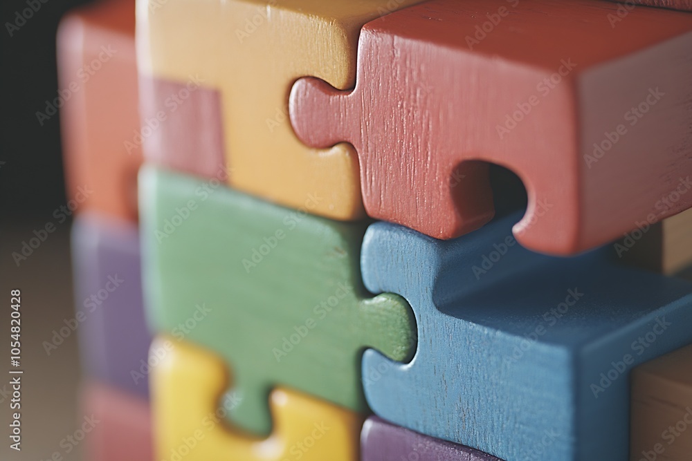Aufkleber closeup of colorful wooden puzzle pieces symbolizing problem solving and teamwork : generative ai