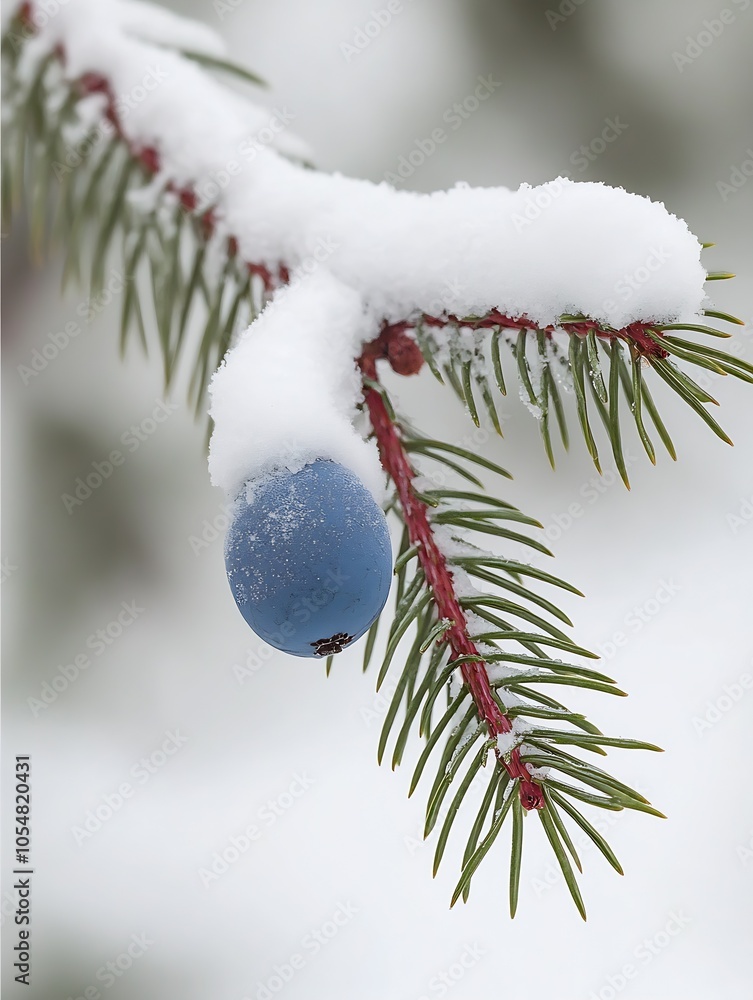 Poster closeup of frosty blue berry and pine branch covered in soft snow in winter : generative ai