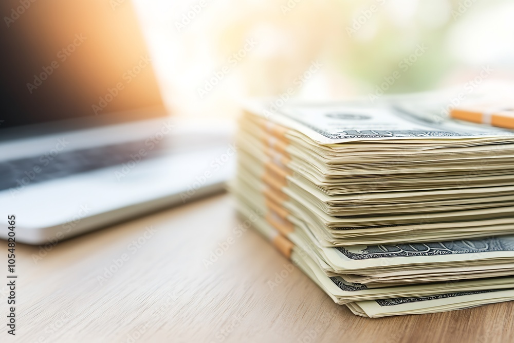 Poster stack of dollar bills on desk representing wealth financial success and investment : generative ai