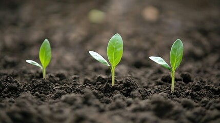 Young Green Seedlings Emerging from Rich Soil Symbolizing New Beginnings and Sustainable Growth : Generative AI