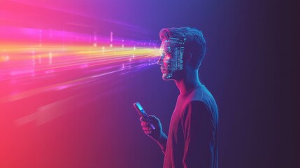 Face ID concept vector, showing a man standing and holding a phone, with a facial scan beam