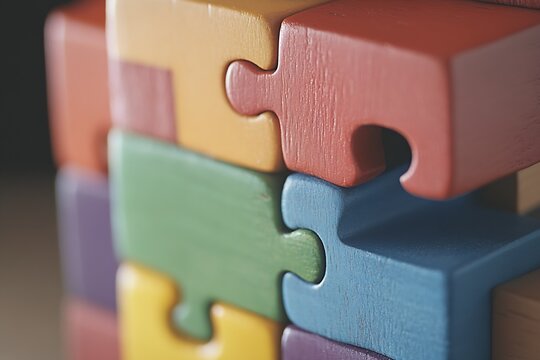 Closeup of colorful wooden puzzle pieces symbolizing problem solving and teamwork : Generative AI