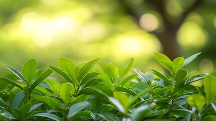 Obraz premium Lush Green Leaves Under Soft Sunlight Creating a Peaceful Natural Scene : Generative AI