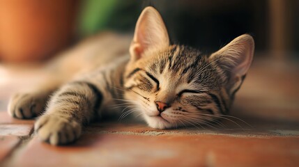 Adorable Tabby Kitten Sleeping Peacefully on a Terracotta Surface : Generative AI