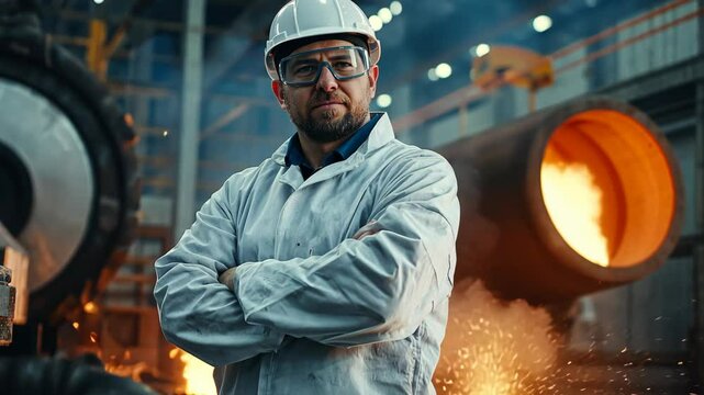 handsome technician or engineer wearing safety cap and protective gear standing with confident , industrial background with wielding sparkle light