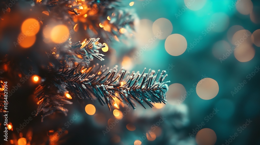 Poster christmas tree branch with orange and blue bokeh lights in winter holiday scene : generative ai
