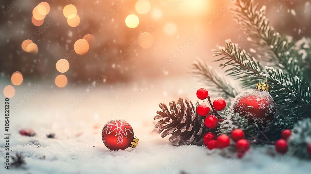 Poster magical winter holiday scene of pinecones and red berries in the snow with soft golden lights : gene