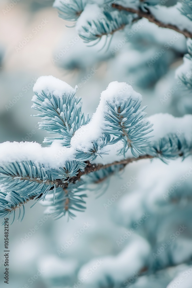 Poster closeup of snowcovered blue spruce branches in winter with soft light : generative ai