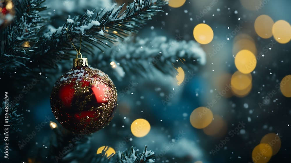 Poster glistening snowy christmas tree branch with elegant ornament and golden light bokeh : generative ai