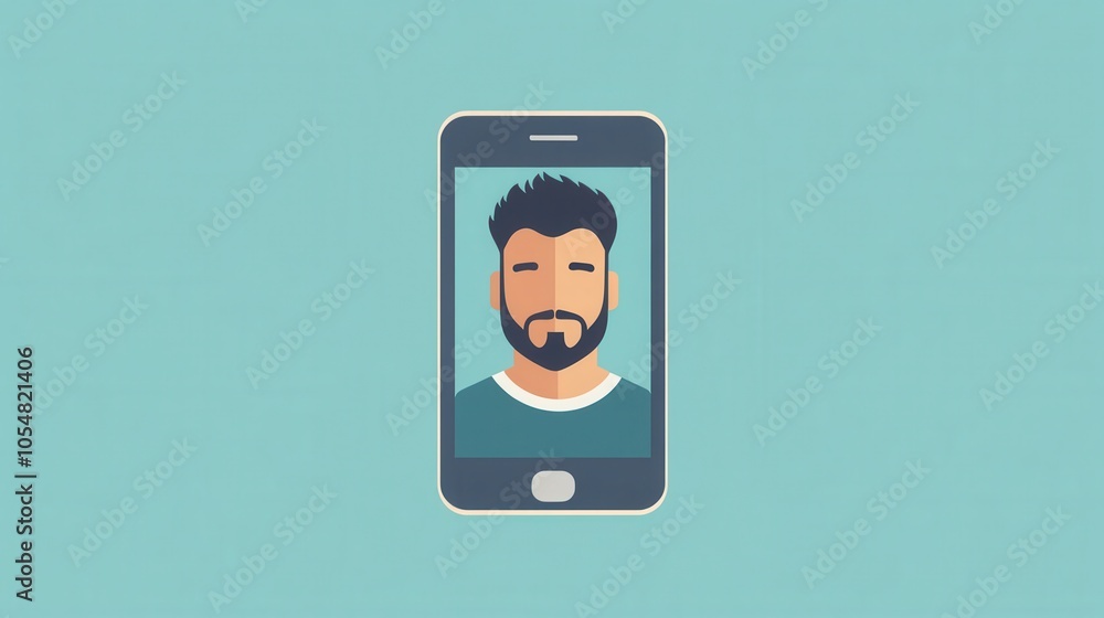 Poster flat design face recognition, showing a smartphone scanning a man's face, minimalistic vector style