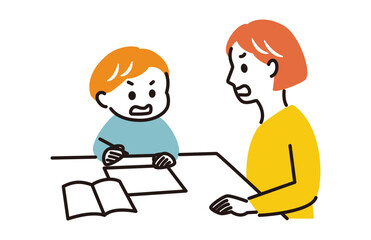 a boy studying with his mother