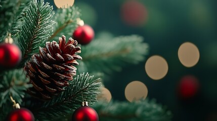 Closeup of Pine Cone and Red Christmas Ornaments on Festive Evergreen Branch : Generative AI