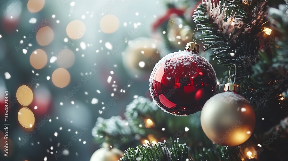Poster festive christmas tree with snowflakes and red ornaments capturing holiday cheer and warmth : genera