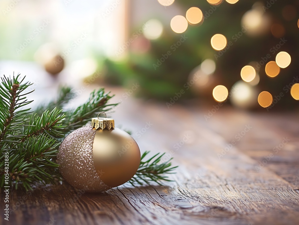 Aufkleber Gold and Green Christmas Ornaments on Rustic Wooden Table with Bokeh : Generative AI