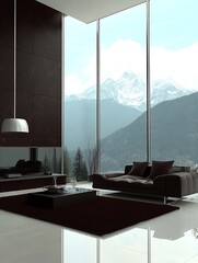 Fototapeta premium Luxurious Modern Living Room with Panoramic Mountain Views and Elegant Decor : Generative AI