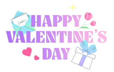 Lettering Happy Valentine's Day text with envelope, gift box, flowers and hearts