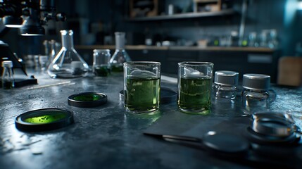 Chemical Lab Glassware with Green Liquid on a Laboratory Workbench for Scientific Experiments : Generative AI