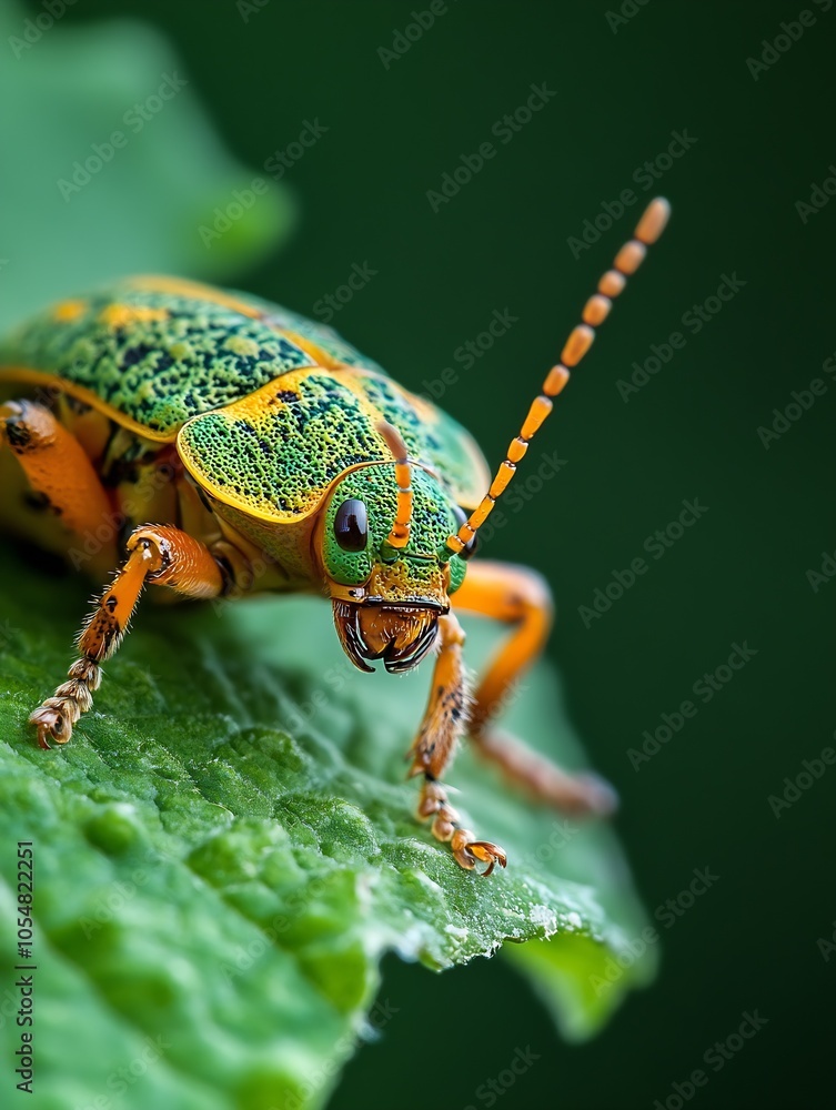 Leinwandbilder macro of colorful beetle on green leaf with detailed texture and pose : generative ai