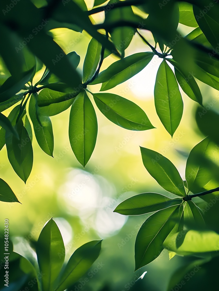 Aufkleber serene green leaves with sunlight filtering through trees : generative ai