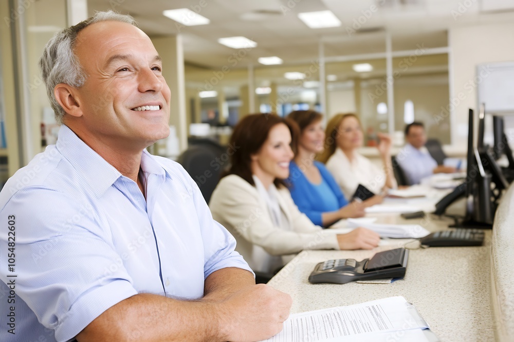 Aufkleber Smiling Man in Office Working at Computer with Colleagues in Background : Generative AI